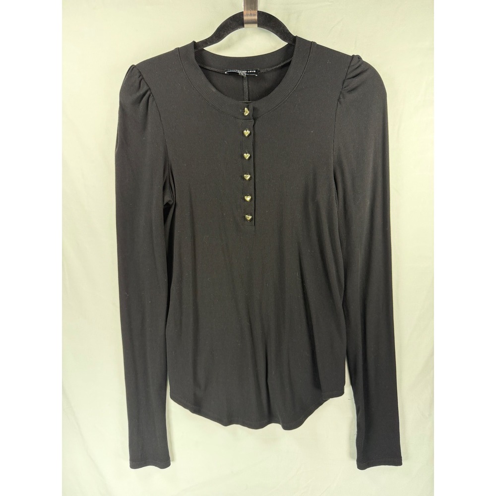 Generation Love Black Ribbed Henley Top Heart Buttons Puff Shoulder Thumbhole M